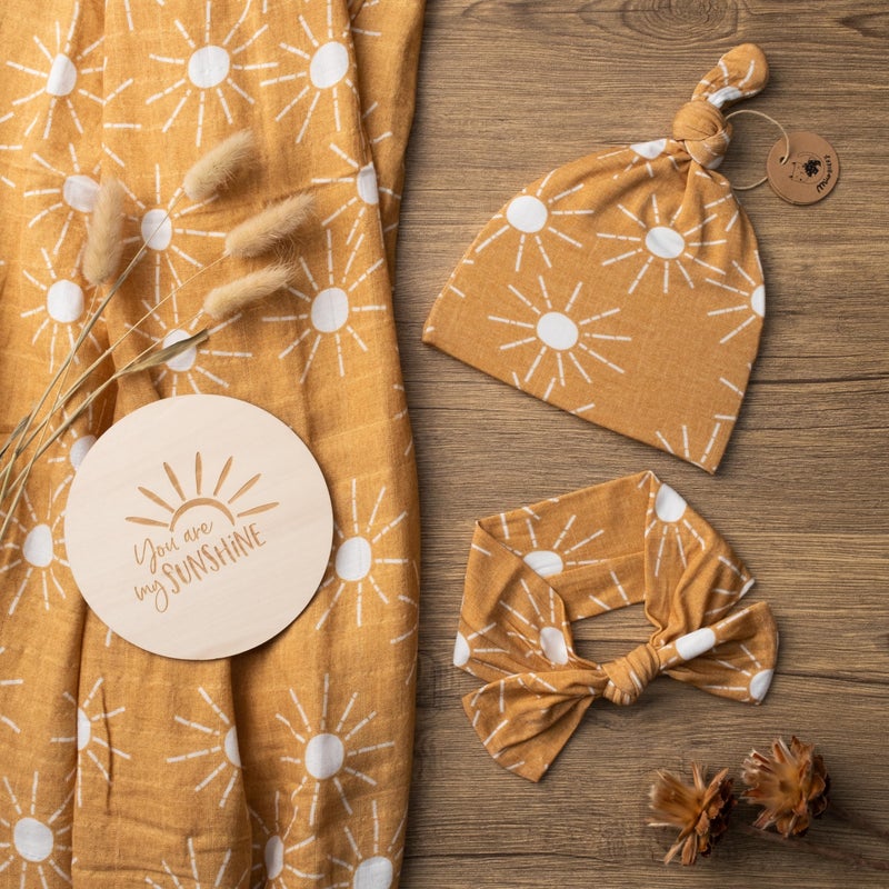 Miaoberry 100% Organic Sunshine Baby Muslin Swaddle Blankets for Boy or Girl with Hat and Wooden Hello World Newborn Sign, Gender Neutral Newborn Photography Outfits, Unisex Birth Announcement Sign - Image 3